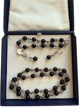 Classic Black Bead and Silver Necklace & Earring Set